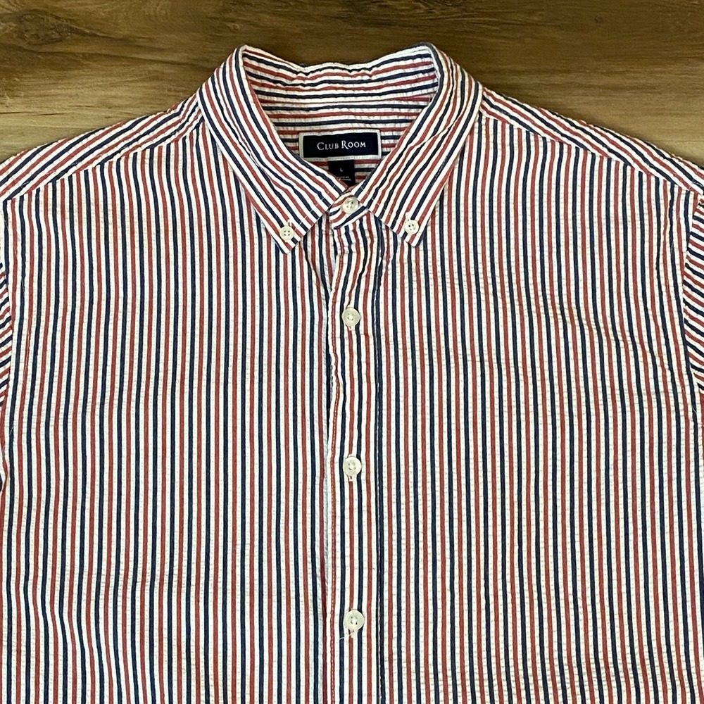 Club Room Seersucker Shirt Mens Large Short Sleeve Button Down Striped Casual